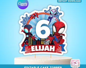 Adorno editable para tarta de cumpleaños de Spidey Hero Friends, adorno imprimible para cumpleaños de Spidey: plantilla digital de Canva
