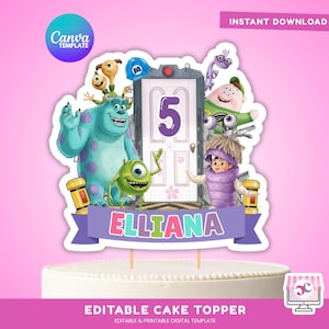 Könnte beinhalten: Ein farbenfroher Tortenaufsatz mit Figuren aus dem Film Die Monster AG. Das Design umfasst Sully, Mike Glotzkowski, Boo und andere Charaktere, mit der Zahl 5 und dem Namen "Elliana" auf einem Banner. Der Hintergrund ist rosa.
