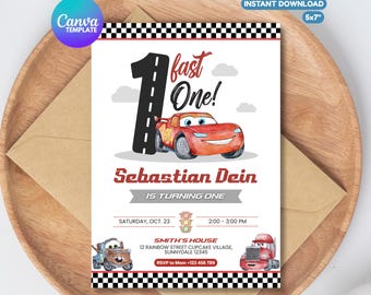 Editable Fast One Cars Racing Invitation, Cars Theme Party Digital Invite Template, Lightning Mcqueen Invitation, First Birthday Racing