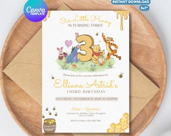 EDITABLE Third Birthday Classic Pooh Bear Invitation, 3rd Birthday
