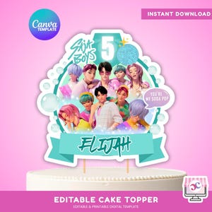 May include: A cake topper featuring a group of stylized figures with colorful hair. The design includes the text "Skit Boys", the number "5", and the name "Elijah" in teal. The phrase "You're my soda pop" is in a speech bubble.