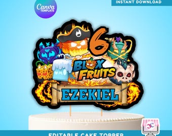 Editable Blox Fruit Birthday Cake Topper Decor: Canva Template Only