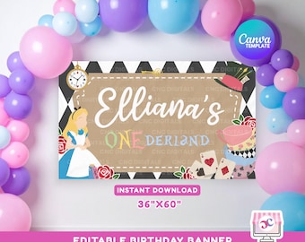Fondo de pancarta editable para fiesta de Alicia en el País de las Maravillas, pancarta artesanal pintada a mano, decoración para fiesta en el País de las Maravillas, Canva