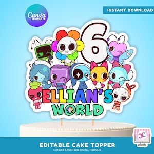 May include: A colorful cake topper featuring cartoon characters and the text "Ellian's World" with the number 6. The design includes a variety of cute, whimsical figures in bright colors, perfect for a birthday celebration.