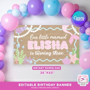 May include: A birthday banner with a mermaid theme, featuring the name "ELISHA" in pink letters. The banner is 36" x 60" and includes the text "Our little mermaid is turning three." A balloon arch in pink, purple, and blue frames the banner.