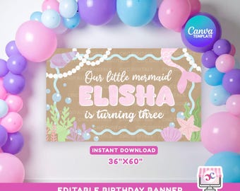 Födelsedagsbanderoll med sjöjungfrumotiv, DIY-målad banderollmockup, mall för sjöjungfrubanderoll, sjöjungfrutema med sjöjungfrumotiv, digital Canva-mall