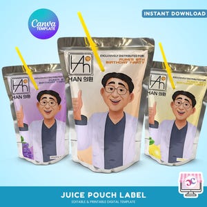 May include: Three juice pouch labels with illustrations of a man, each with a yellow straw. The labels read "HAN 의원" and "Rumi's 8th Birthday Party". The text "Instant Download" and "Juice Pouch Label" are also visible.