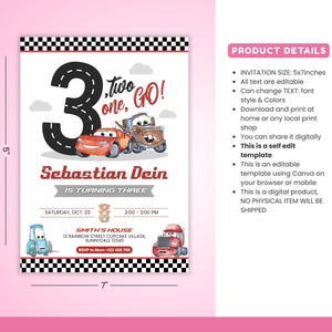 May include: A birthday invitation with a white background, featuring a large number 3 in black, a road design, and the text "Two one, GO!". It includes illustrations of cartoon cars, the name "Sebastian Dein", and event details. The invitation is 5x7 inches.