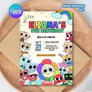 May include: A colorful birthday invitation with the text "ELIANA'S 9TH BIRTHDAY". The invitation features cartoon characters, a rainbow, and the date, time, and location of the party. The invitation is a 5x7 inch instant download.