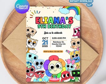 Editables Dandys World Birthday Invitaton, Dandys World Roblox Printable Biryhday Invites: Canva Digital Template