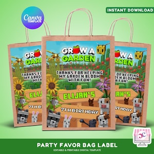 May include: Three brown paper party favor bags with colourful garden-themed designs. Each bag features the text "Grow a Garden" and "Thanks for helping my garden bloom with fun!" with the name "Elijah's" and "7th Birthday".