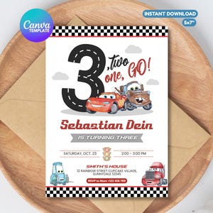 Op de afbeelding: Een verjaardagsuitnodiging met een racewagenthema. Het ontwerp bevat het nummer 3, raceauto's en de tekst "Two, one, GO!". De uitnodiging bevat ook de naam "Sebastian Dein" en feestdetails.