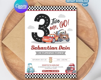 Editable Three Cars Racing Invitation, Cars Theme Party Digital Invite Template, Lightning Mcqueen Invitation, Third Birthday Racing