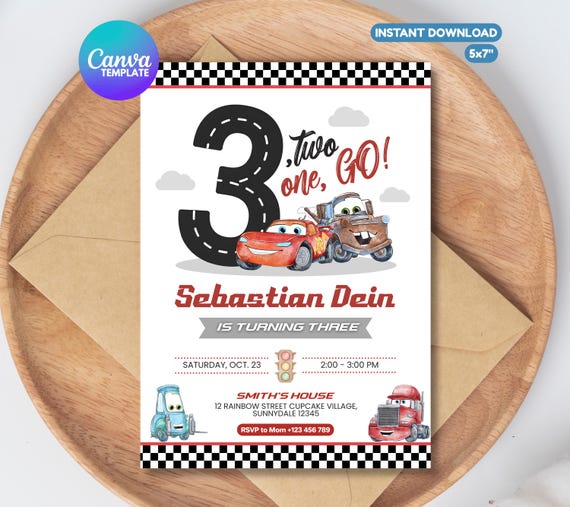 Editable Three Cars Racing Invitation, Cars Theme Party Digital Invite Template, Lightning Mcqueen Invitation, Third Birthday Racing