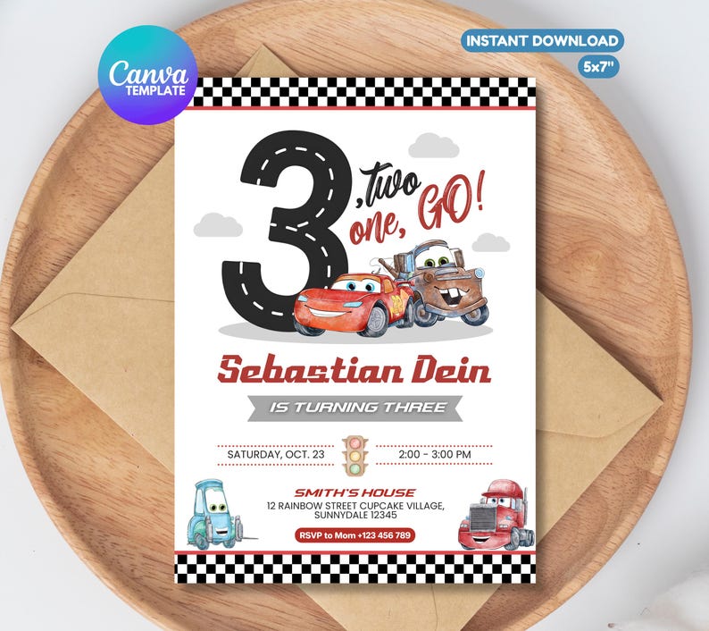 May include: A birthday party invitation featuring a race car theme. The design includes the number 3, race cars, and the text "Two, one, GO!". The invitation also includes the name "Sebastian Dein" and party details.