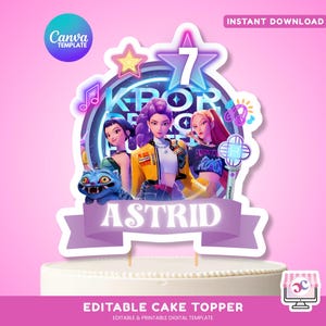 Peut inclure: Un cake topper avec un design vibrant représentant trois personnages animés, le mot "ASTRID" et le texte "KPOP". Le design comprend des notes de musique, des étoiles et le chiffre 7. Les mots "TÉLÉCHARGEMENT INSTANTANÉ" et "CAKE TOPPER MODIFIABLE" sont également présents.