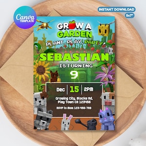 May include: A vibrant invitation card with the text "Grow a Garden" and "Sebastian is turning 9." The design features pixelated graphics of flowers, animals, and a bee. The invitation is 12.7 x 17.8 cm and includes event details.
