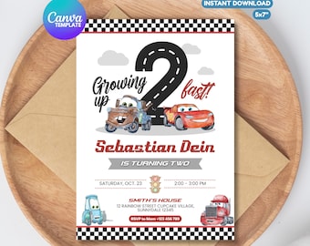 Editable Two fast Cars Racing Invitation, Cars Theme Party Digital Invite Template, Lightning Mcqueen Invitation, Second Birthday Racing