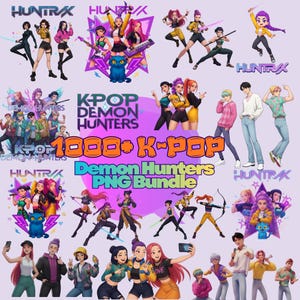 Peut inclure: Une collection d'illustrations numériques sur le thème de la K-Pop. Les images présentent des personnages dans des poses dynamiques, avec des couleurs vives et des designs stylisés. Le texte comprend "K-POP Demon Hunters PNG Bundle" et "1000+ K-POP".
