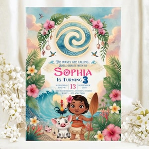 Editable Moana Birthday Invitation | Canva Template Evite | Printable Ocean Theme Party Invite for Girl | Digital Download Invitation