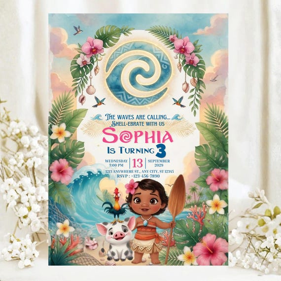 Editable Moana Birthday Invitation | Canva Template Evite | Printable Ocean Theme Party Invite for Girl | Digital Download Invitation