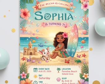 May include: A rectangular birthday invitation card featuring a tropical beach scene with a girl, a piglet, a sandcastle, and a surfboard. Text includes: The Ocean Is Calling! Sophia Is Turning 7! Event Date Aug 25, 2026, Saturday, 4:00 PM, Location Paradise Beach Island Cove, RSVP By Aug 10 Aloha & Reply.