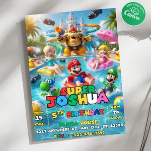 Op de afbeelding: Een rechthoekige verjaardagsuitnodigingskaart met Super Mario-personages in een zwembad. De tekst luidt: SUPER JOSHUA 5TH BIRTHDAY, FRIDAY 15 MAY, 4PM TO 6 PM, OLIVIA HOUSE, 1213 ANYWHERE ST, ANY CITY, ST 12345, RSVP: 123-456-7890. Canva-logo zichtbaar.