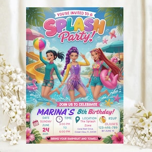Einladung zum spritzigen Geburtstag mit Pool-Sommer-Wasserpark-Mottoparty, Anime-Mädchen-Einladung, Fantasy-Popstar-inspiriert, Canva-Vorlage