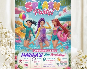 Splash Birthday Invitation Pool Summer Water Park Theme Party Anime Girl Invite Fantasy Pop Star Inspired Canva Template