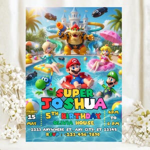 Invito di compleanno di Super Mario, invito modificabile per festa in piscina a tema Super Mario Galaxy, festa estiva a tema Super Mario, download digitale, stampabile