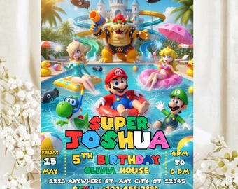 Super Mario Birthday Invitation, Editable Mario Galaxy Pool Party Invitation, Super Mario Summer Themed Party, Digital Download, Printable