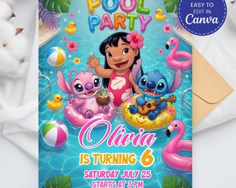 May include: A digital pool party invitation featuring Lilo and Stitch characters in a swimming pool with inflatable rings, beach balls, and rubber ducks. The text reads Pool Party, Olivia is turning 6, Saturday July 25, starts at 3 pm.