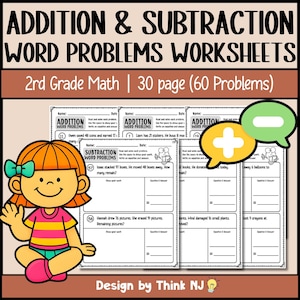 May include: A 2nd grade maths worksheet pack with addition and subtraction word problems. The cover shows a cartoon girl and speech bubbles with plus and minus symbols. The worksheets contain 60 problems across 30 pages.