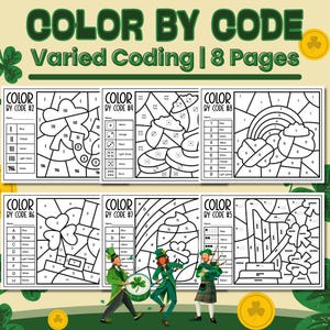 Puede incluir: Un conjunto de ocho páginas para colorear por código con temática del Día de San Patricio. Las páginas presentan imágenes de arcoíris, duendes y tréboles. El texto "COLOR BY CODE" y "Varied Coding | 8 Pages" se muestra en la parte superior.