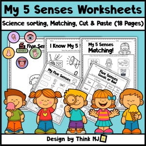 May include: Educational worksheets titled "My 5 Senses Worksheets" with the text "Science sorting, Matching, Cut & Paste (18 Pages)". The image features colorful illustrations of children and diagrams related to the five senses. Designed by Think NJ.