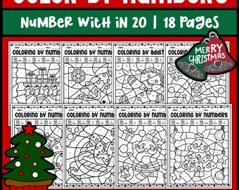 Christmas Color by Number Worksheets | Numbers 1–20, Addition & Subtraction | Holiday Math Coloring Pages
