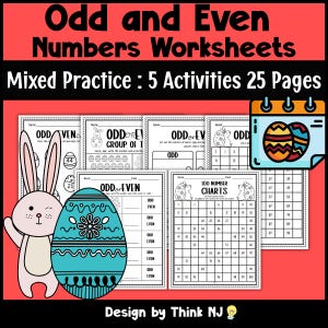 May include: Educational worksheets titled "Odd and Even Numbers Worksheets" with "Mixed Practice: 5 Activities 25 Pages." The image features a cartoon bunny, an Easter egg, and a calendar with Easter eggs. The worksheets include number charts and exercises.