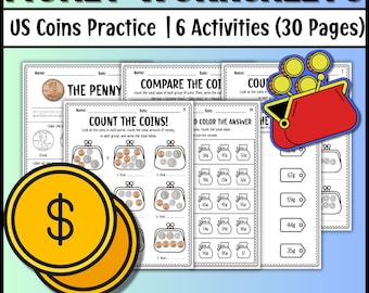 Money Math Worksheets | Identifying, Counting US Coins | 1st, 2nd Grade Money Activities | Printable Math Centers (30 Pages)