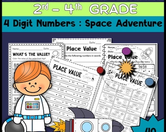 Place Value Worksheets (4-Digit Numbers) | Space Theme Math Activities for 2nd–3rd Grade | 40 Pages