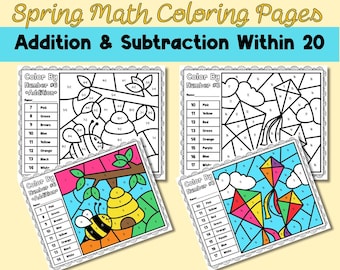 Spring Color by Number Addition and Subtraction Within 20 Printable | 1st Grade Math Worksheets