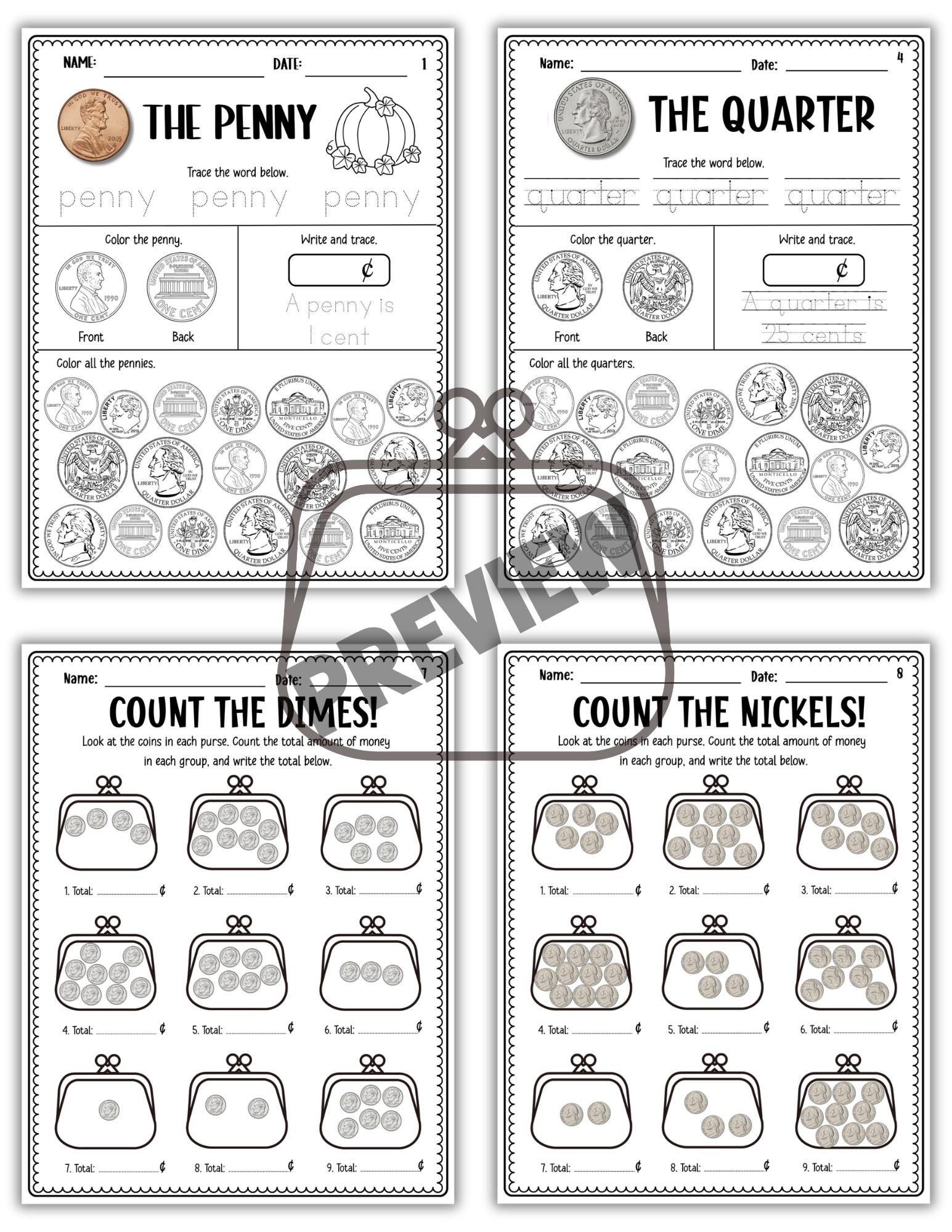 Money Math Worksheets | Identifying, Counting US Coins | 1st, 2nd Grade ...