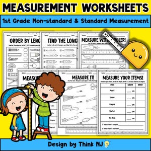 May include: Educational measurement worksheets for 1st grade students. The worksheets include activities like ordering by length, finding the longest, and measuring with a ruler. The image features cartoon illustrations and the text "MEASUREMENT WORKSHEETS".