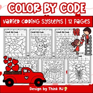 May include: A collection of coloring pages labeled "Color By Code" with various images, including hearts, a bunny, and a cake. The pages are designed for varied coding systems and include the text "12 Pages". A red truck and the text "Design by Think NJ" are also visible.