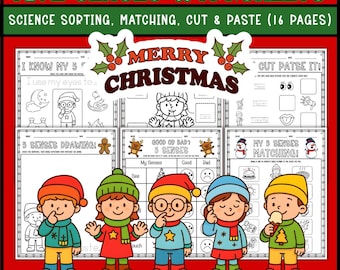 Christmas Five Senses Worksheets | Cut and Paste, Matching, Sorting, Tracing | Kindergarten Science Activities