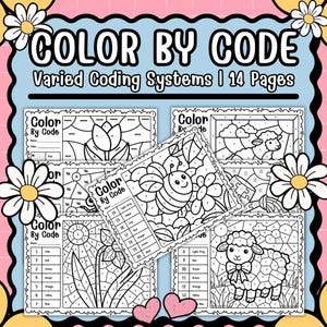 May include: A set of 14 "Color By Code" pages with different coding systems. The pages show line drawings of a tulip, sheep, bee, and other images, with colour keys for each image. The title "COLOR BY CODE" is at the top.