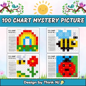 Op de afbeelding: Vier werkbladen met 100 diagrammysterie-afbeeldingen met kleurrijke nummerroosters. De werkbladen zijn ontworpen voor educatieve activiteiten. De afbeelding bevat de tekst "100 CHART MYSTERY PICTURE" en "Design by Think NJ".