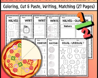 Hojas de trabajo de fracciones para 1.er, 2.º y 3.er grado / Actividades de emparejamiento de mitades, tercios, cuartos y partes iguales / Imprimibles de matemáticas de otoño