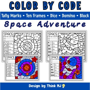 Könnte beinhalten: Ausmalbilder mit Weltraum-Abenteuer-Thema. Die Seiten zeigen den Text "Color By Code" und "Space Adventure". Jede Seite hat eine Farbpalette mit Formen und Zahlen. Die Seiten sind für Kinder zum Ausmalen gedacht.