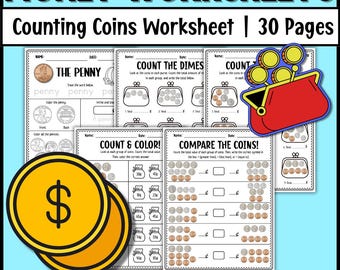 Hojas de trabajo de matemáticas con dinero / Identificación y conteo de monedas estadounidenses / Actividades con dinero para 1.º y 2.º grado / Centros de matemáticas imprimibles (30 páginas)