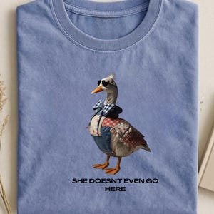 Peut inclure: T-shirt bleu clair avec une illustration d'oie portant des lunettes de soleil, un nœud papillon et des vêtements en patchwork. Le texte "SHE DOESNT EVEN GO HERE" est imprimé en dessous. Col rond.